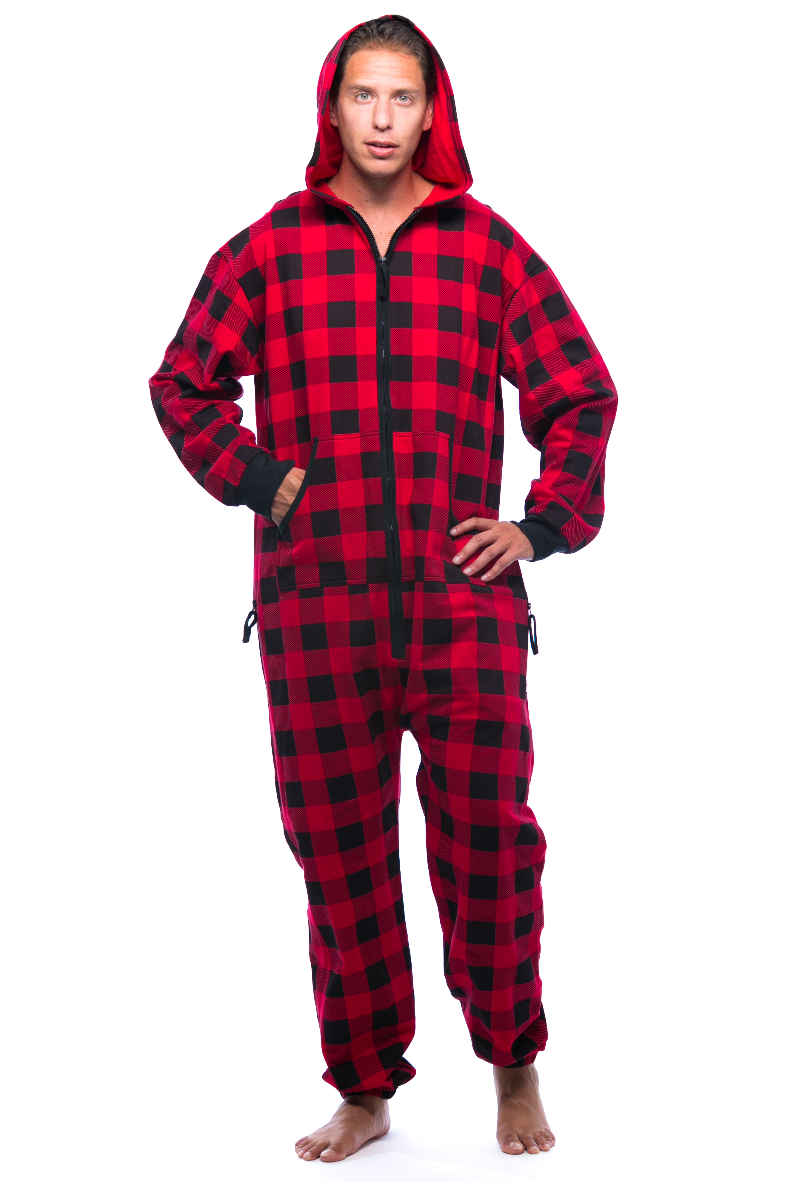 6436-10492-S #FollowMe Jumpsuit Adult Bodysuit Pajamas (Red - Buffalo Plaid, Medium)